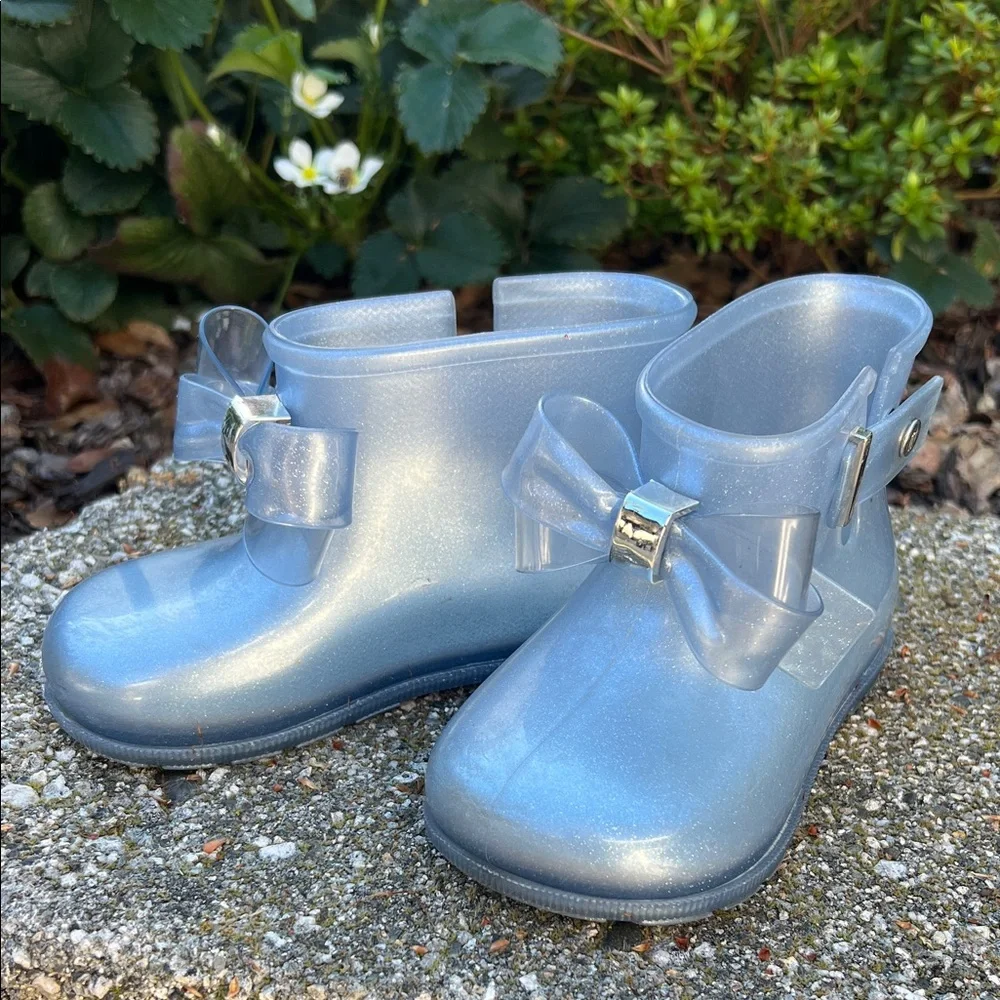 Mini Melissa Light Blue Glitter Bow Rain Booties